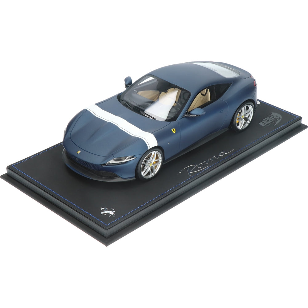 BBR Ferrari Roma Matte Blue White Racing Stripe 1/18 Resin Model