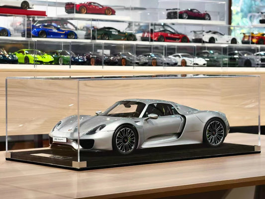 HH Model 1:8 Porsche 918 Spyder Liquid Silver Resin Model with Display Case