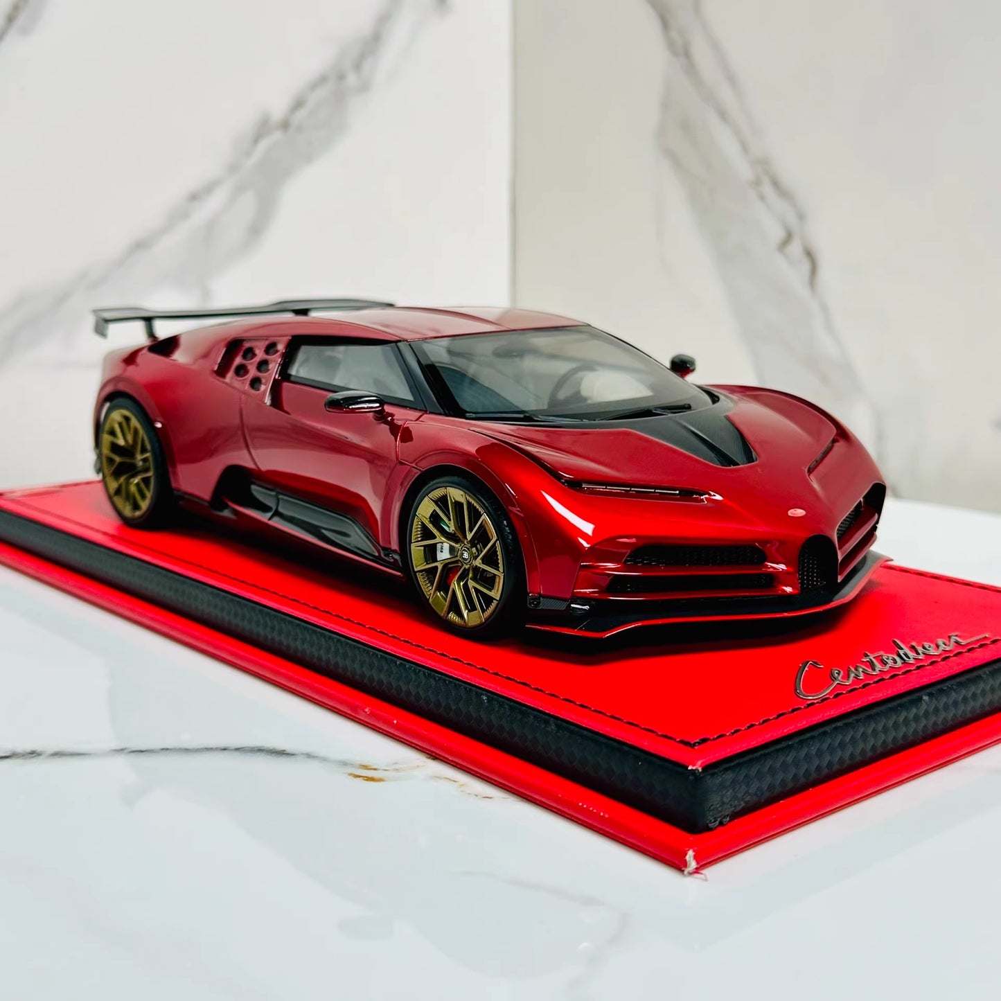 MR Collection 1/18 Bugatti Centodieci Metallic Red Resin Model Gold Wheels