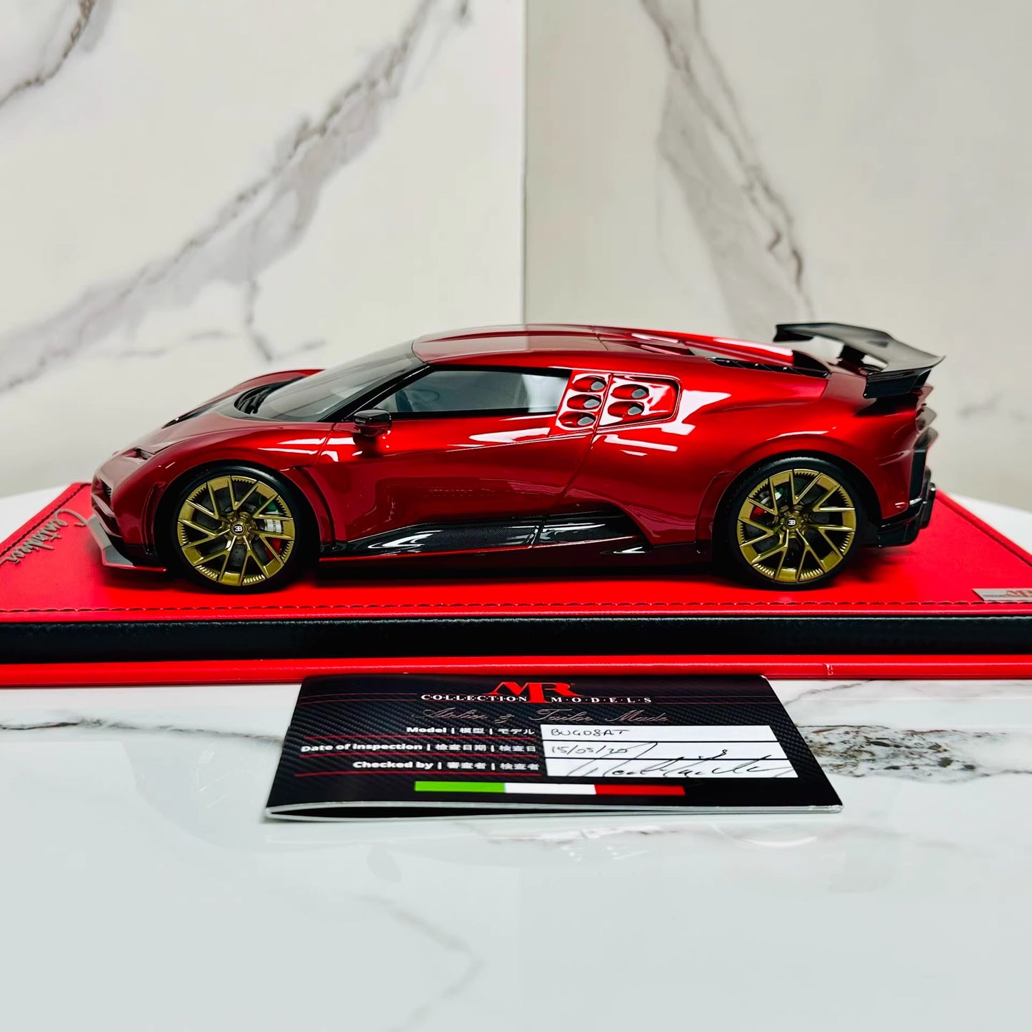 MR Collection 1/18 Bugatti Centodieci Metallic Red Resin Model Gold Wheels