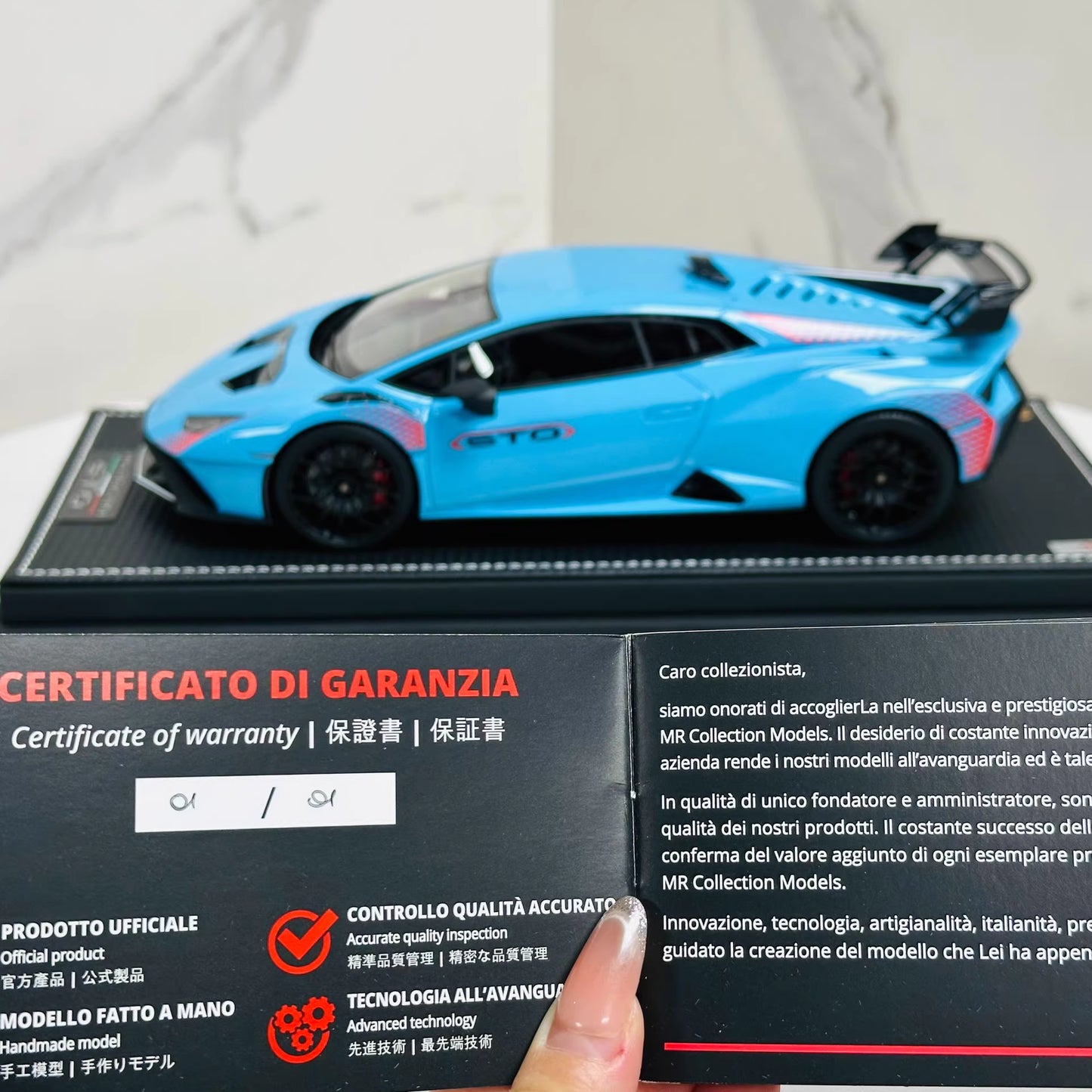 MR Collection 1/18 Lamborghini Huracán STO Sky Blue One-Off Resin w/ COA